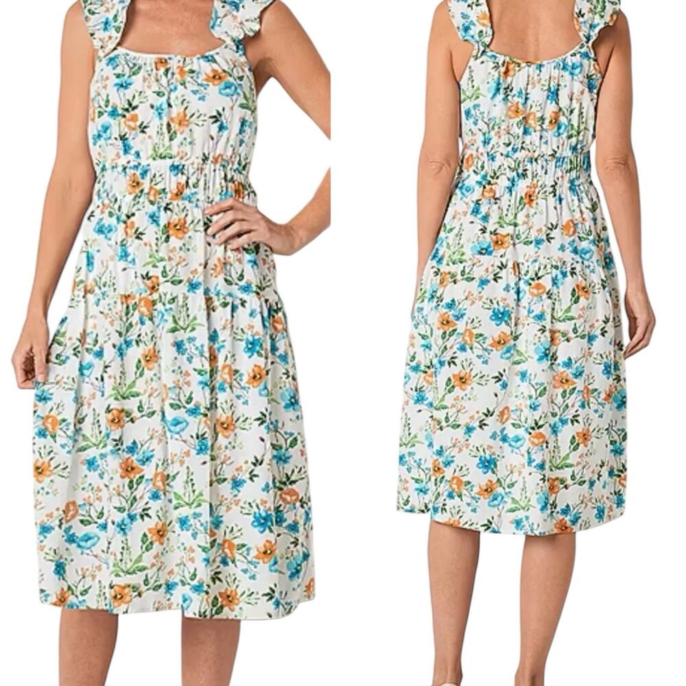 Peyton & Parker Floral Midi Dress Ruffle Tiered Garden Cotton Womens Size LARGE